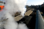 old-school steam train shot from above